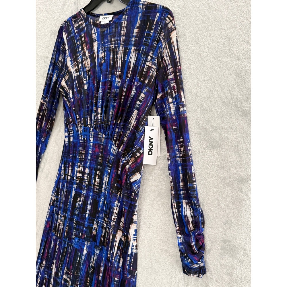 DKNY Mesh Midi Dress Womens Blue Abstract Ruched Long Sleeve 4 NWT - Picture 7 of 11
